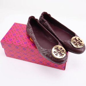 Tory Burch NIB Minnie Quilted LEATHER Travel Flats Burgundy Port 10